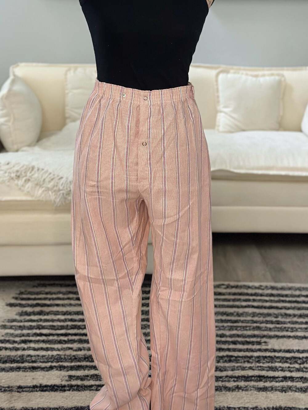 Petite textured pajama pants with lace waistband trim in pink plaid